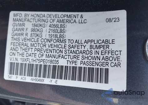 2023 Honda Civic Ex-L/Ex-L W/O Bsi from USA, damaged, VIN 19XFL1H75PE018035